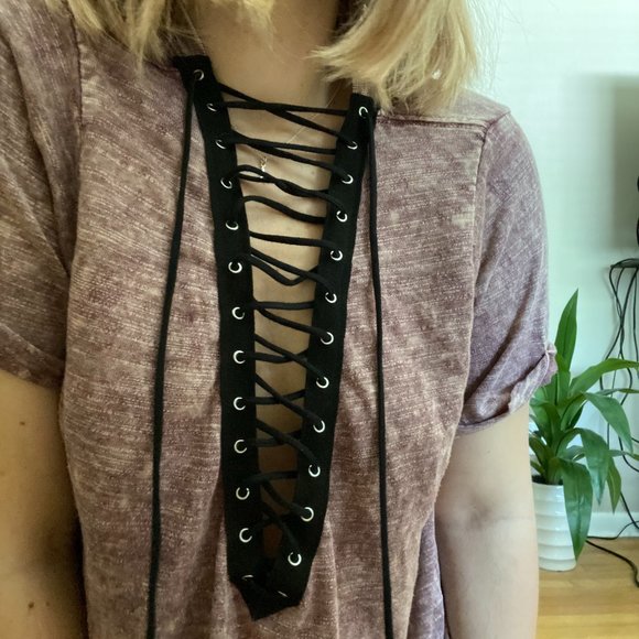 Gilded Intent Purple Lace Up V Neck T - Picture 1 of 3